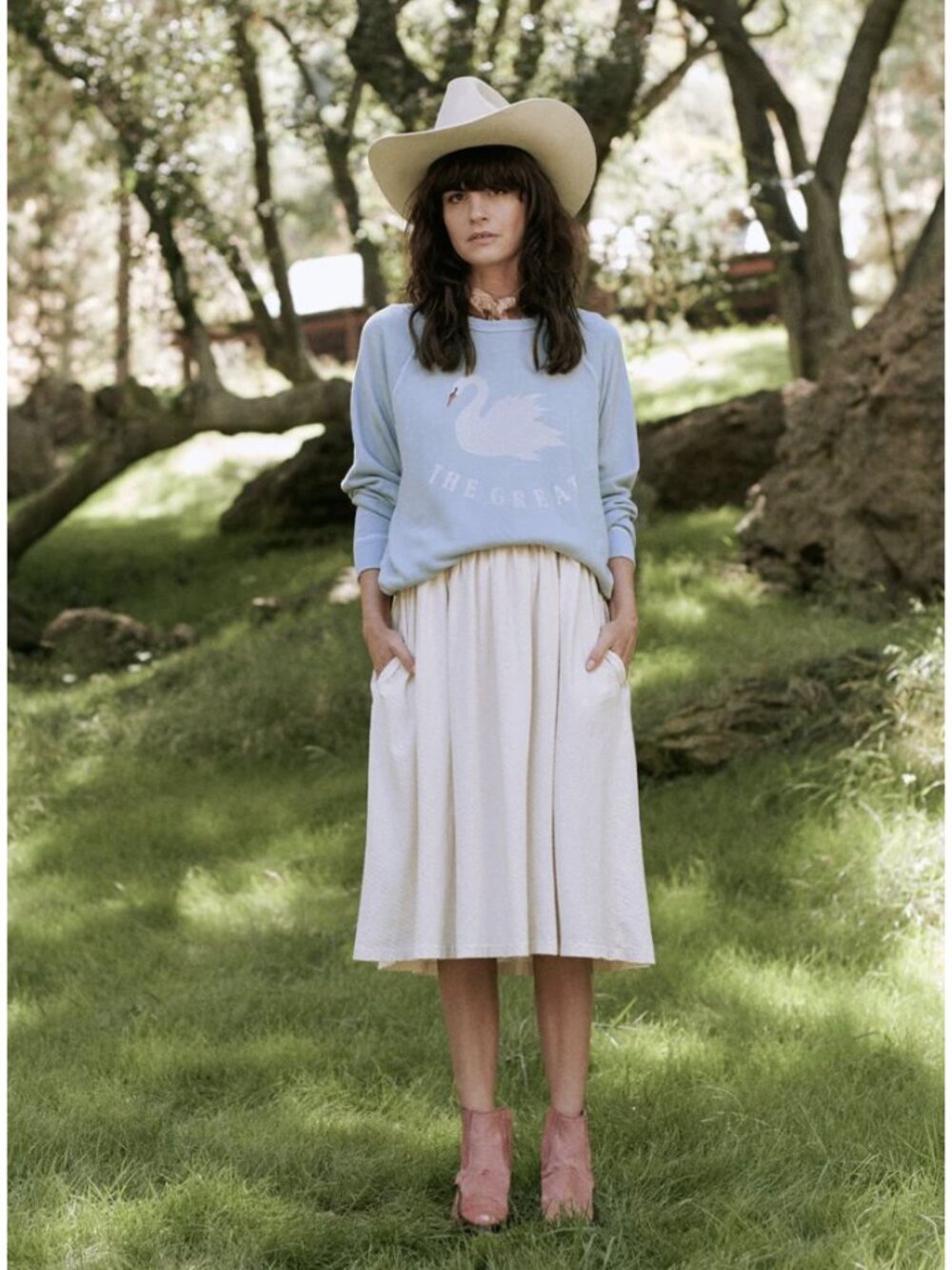 THE GREAT. The College Sweatshirt With Swan Graphic in Pale Blue Size 2 / Medium - Picture 2 of 15